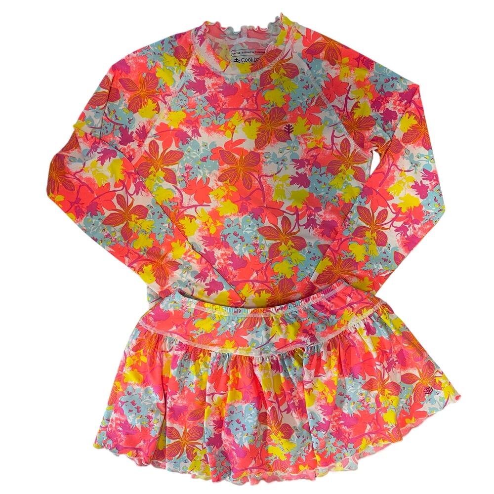 Coolibar Girls orange pink floral skirt and long sleeve set size large